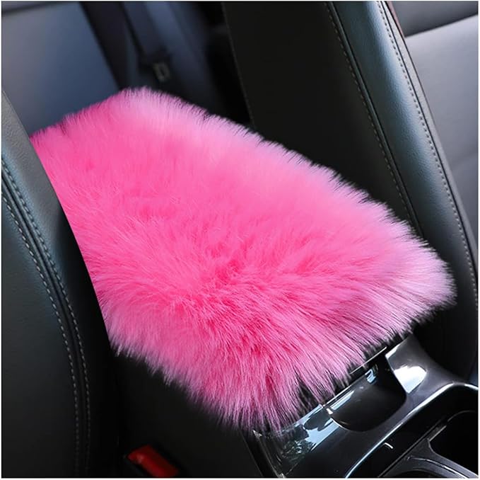 Furry Car Center Console Cover, 11.8"×7.9" Sheepskin Wool Armrest Box Cushion Pad, Comfort Soft Auto Center Console Protector, Interior Decor Accessories for Most Vehicles (Dark Pink)