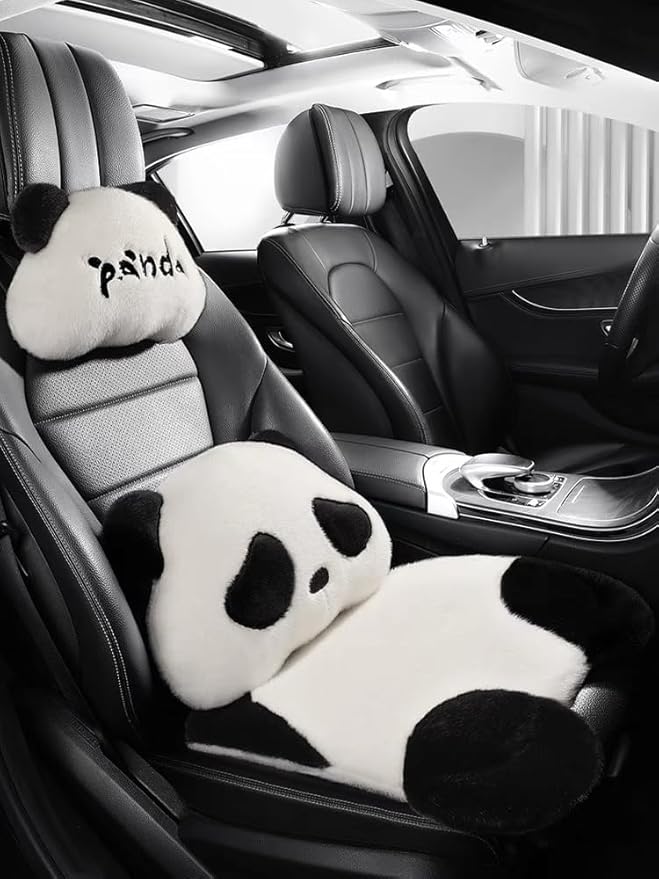 Car Seat Cushion,Lumbar Support Pillow for Car Seat,Cute Panda Cushion for Most Car, Truck, SUV, or Van Front （1 Seat Cushion,1 Pillow）