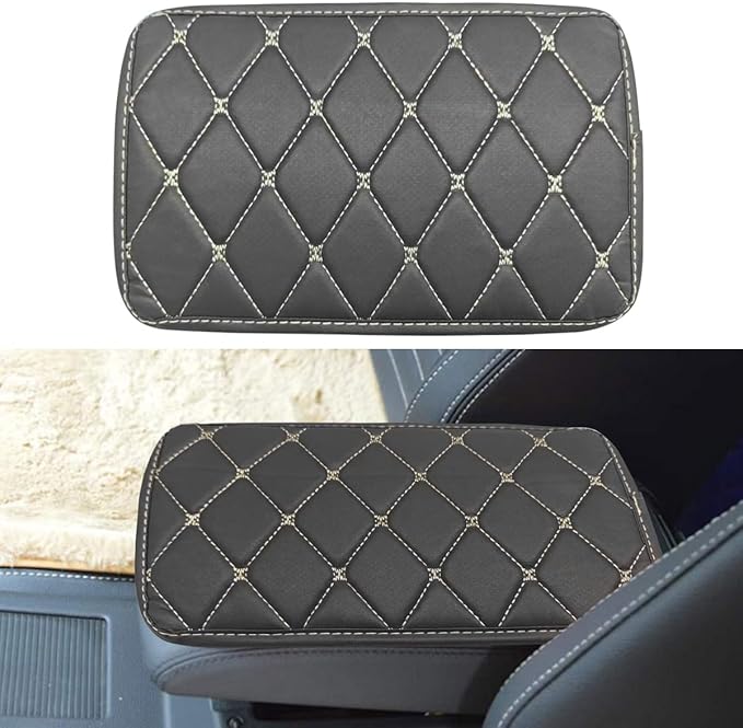 Leather Center Console Cover for Cars, Waterproof Arm Rest Box Protective Cover Car Center Console Cushion Pad, Universal Middle Console Armrest Pad Cover for Most Vehicles (Black/Beige)