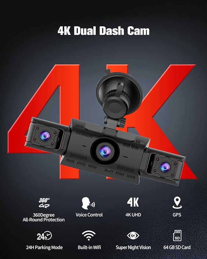 CATCATCH 4 Channel Dash Cam 360° View,4K Front and Rear Dash Camera for Cars,WDR Night Vision,Smart Voice Control,Built-in WiFi&GPS,G-Sensor,24H Parking Mode,Free 64GB SD Card,Suction Cup