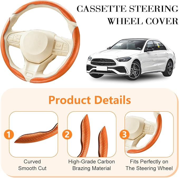 3PCS Carbon Fiber Car Steering Wheel Cover, Leather Segmented Anti-Skid Steering Wheel Protector, Snap on Automotive Interior Protection Accessories, Universal for Vehicles (Orange)
