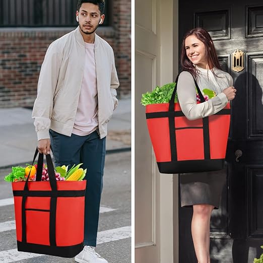 CIVJET Insulated Reusable Tote Bag for Grocery Shopping for Women, Pizza/Food Delivery Bag to Keep Food Cold/Hot for Commercial Food Transport, Cooler bags for Travel/Beach/Picnic, Non-Waterproof, Red