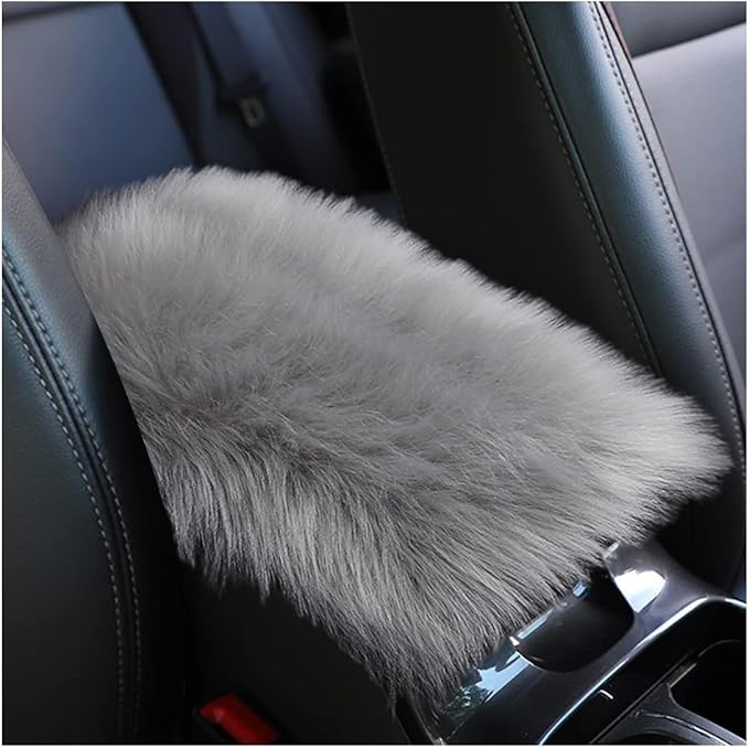 Furry Car Center Console Cover, 11.8"×7.9" Sheepskin Wool Armrest Box Cushion Pad, Comfort Soft Auto Center Console Protector, Interior Decor Accessories for Most Vehicles (Light Gray)