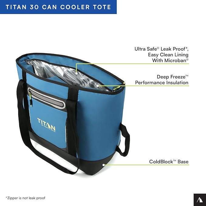 Titan by Arctic Zone Soft Sided Cooler Tote, Insulated Bag with Handle, Shoulder Strap, and Zipper for Lunch, Picnic, and Travel, 30 Can Capacity