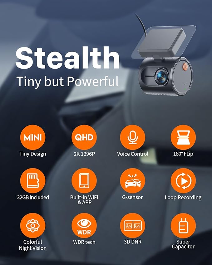 KAWA 2K Tiny Dash Cam, 1296P QHD Mini Car Camera DashCam - Voice Control, G -Sensor, Free 32GB TF Card, Built-in WiFi, APP Control, WDR/3D DNR with Super Night Vision, 24H Parking Mode