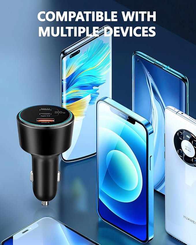 200W Car Charger, USB C Car Charger PD3.0 QC4.0 PPS Fast Charging Car Adapter with 2 100W USB C Cable 3 Port Type C Cigarette Lighter for Dell XPS, MacBook, iPhone 16 15 14, Galaxy S24 Ultra, iPad Pro