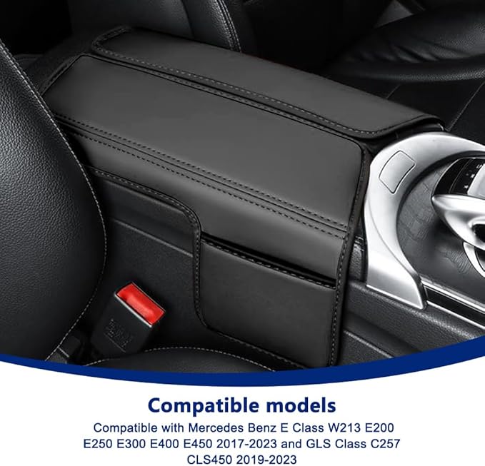 Center Console Cover Compatible with Mercedes Benz E Class W213 E200 E250 E300 E400 E450 2017-2023 and GLS Class C257 CLS450 2019-2023 Armrest Cover Pad Leather Cushion Protector with Pocket