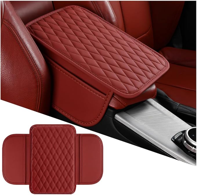 Mandark Car Center Console Cover, Microfiber Leather Vehicle Armrest Protector Cushion with 2 Storage Bags, Auto Interior Arm Rest Seat Box Pad Accessories, Universal for SUV, Sedan, Truck (Wine Red)