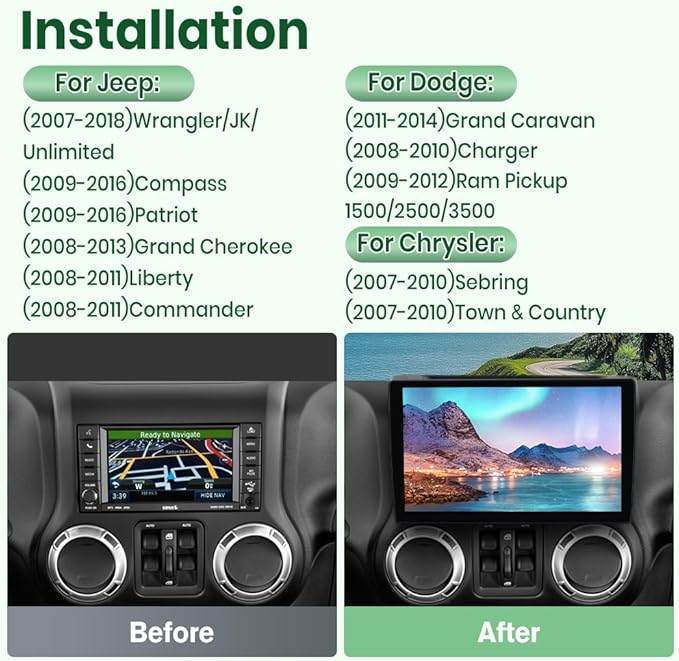 Doreon (4GB+64GB ROM) Car Stereo for Jeep Wrangler JK 2007-2018 Compass Grand Cherokee Dodge Ram 1500, 10.1" Android 15 Radio with Wireless CarPlay Android Auto WiFi GPS BT FM AM SWC Backup Camera