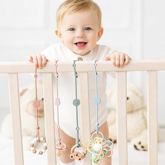 ROCCED Toy Straps for Baby 6pcs, Silicone High Chair Toys Straps Stroller Accessories Toddler Bottle Strap Car Seat Toys Baby Travel Essential Silicone Animal Design Blush+Ivory+TER