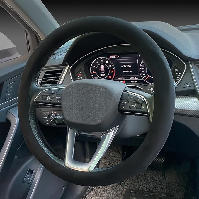Carodi Suede Steering Wheel Cover ， Non-Slip Leather Car Interior Fitting 15-inch Universal