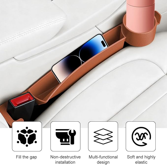 2PCS Car Seat Gap Filler, Dual Slot Carbon Fiber Vehicle Side Seat Gap Organizer Strip with Cup Holder, Auto Console Guard Spacer Stop Things from Dropping, Universal Fit (Orange)