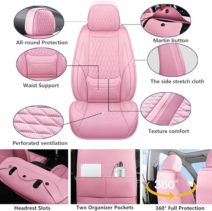 Car Seat Covers Full Set Custom Fit for Saturn Ion 2003-2010 - Premium Faux Leather with Lumbar Support | Breathable, Waterproof, Anti-Slip, Durable (Pink,Full Set)