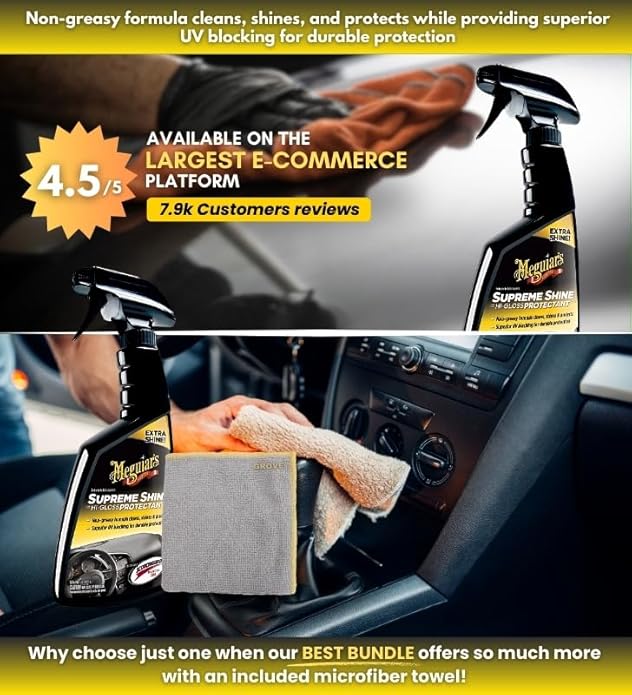Supreme Shine Auto Surface Protector Spray 16 oz Bundle with Microfiber Cloth - High-Gloss Car Shine - UV Protection for Vinyl, Rubber & Plastic - Car Interior Detailer Spray Protectant - (2 Items)