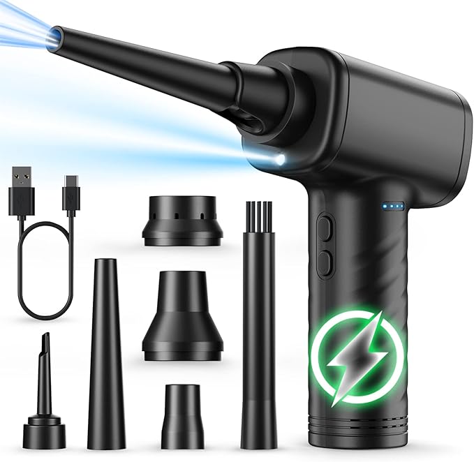 Compressed Air Duster, Rechargeable Cordless Keyboard Cleaner for Computer, 120000 RPM 6 Nozzles with Vacuum, 3000mAh Battery & 3 Speeds for PC, Car, AC and Inflatable Pool Toys