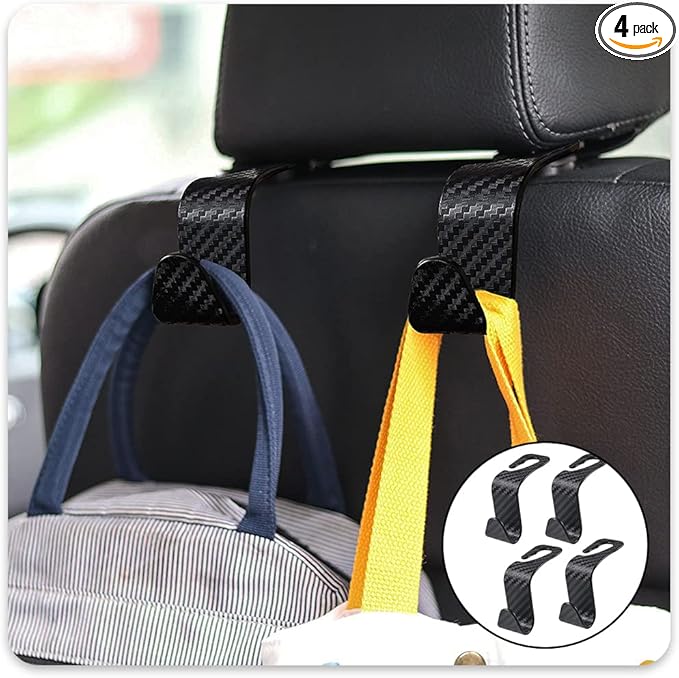 Ziciner Car Seat Headrest Hooks, 4 Pack Auto Durable Backseat Hangers Storage Organizer, Universal Car Interior Accessories for Purse, Grocery Bags, Handbag (Black Carbon Fiber)