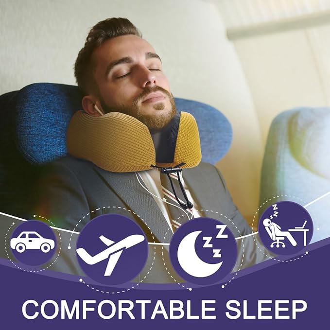 napfun Neck Pillow for Traveling, Upgraded Travel Neck Pillow for Airplane 100% Pure Memory Foam Travel Pillow for Flight Headrest Sleep, Portable Plane Accessories, Yellow Striped Kit