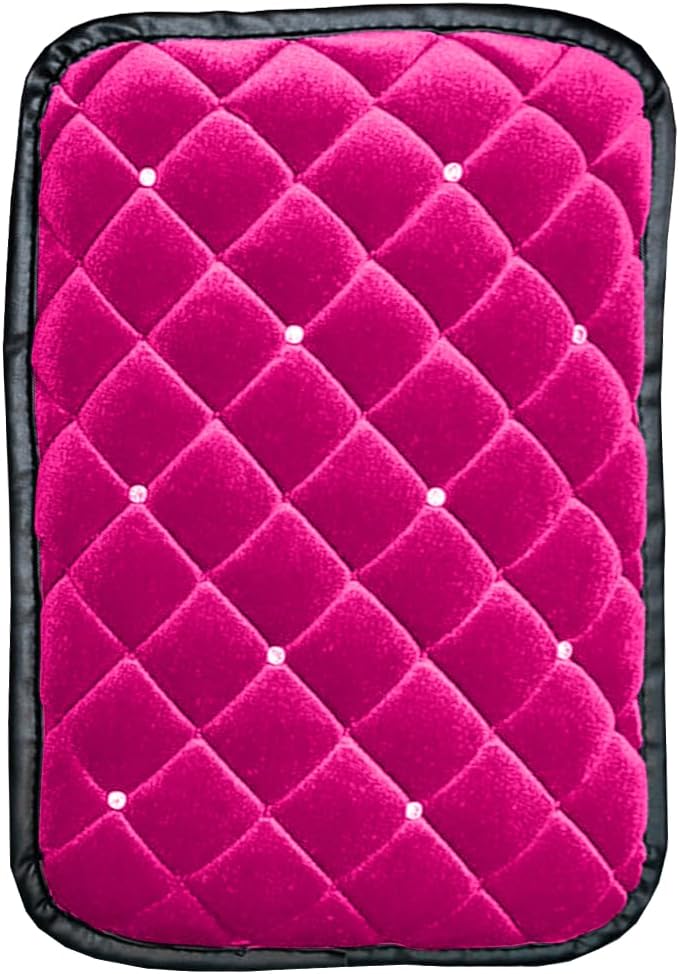 Bling Car Armrest Cover, Crystal Rhinestone Fluffy Automotive Armrest Seat Box Cushion Pad, Soft Comfortable Diamond Car Center Console Cover, Universal Vehicle Accessories (Rose Red)
