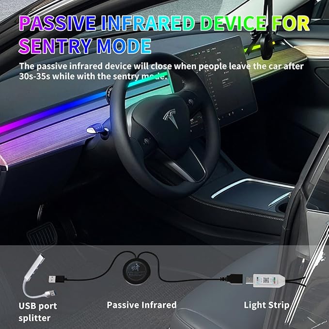 for Tesla Model 3 Y RGB Dreamcolor LED Neon Light Kits Dashboard Ambient Lighting Interior Lights 2025 2024 2023 2022 2021 Accessories Accessory, App & Remote & USB Hub, DC 12V