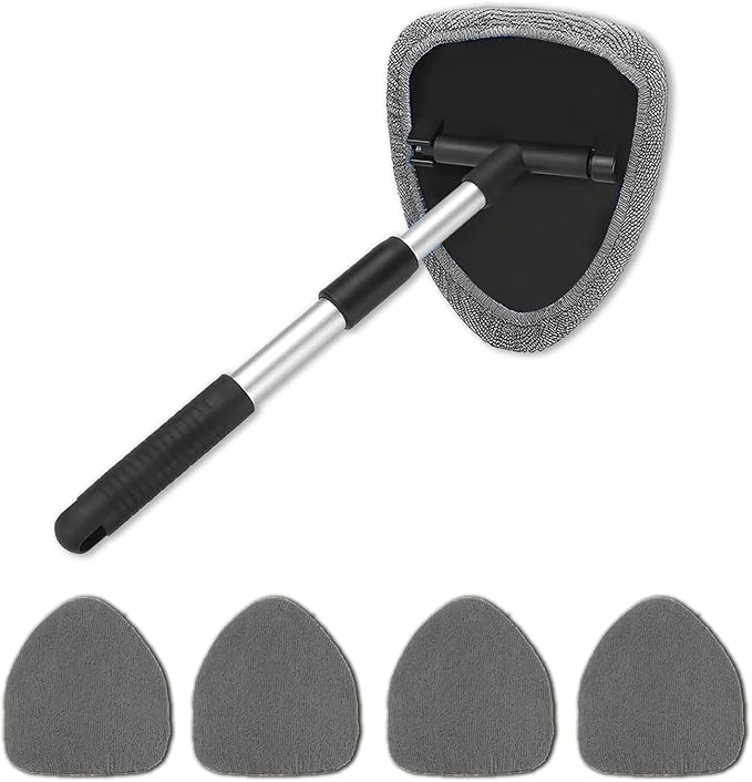 Windshield Cleaner Tool - Portable Car Interior Window Cleaning Kit with Extendable Handle, 4 Microfiber Towel Pads, Auto Glass Wiper for Windshield, Universal for RV, SUV, Truck (Gray)