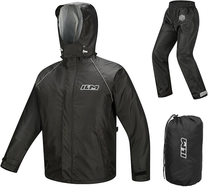 ILM Motorcycle Rain Suit for Men 2 Piece Waterproof Jacket and Pants Hidden Shoe Cover Breathable Reflective Model RS03