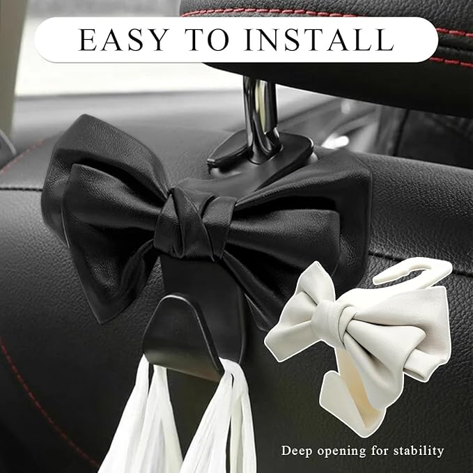 2PCS Purse Holder for Car Hooks, Cute Bow Car Seat Headrest Hooks Handbag Hanger, Bow Knot Auto Back Seat Organizer Storage Hook for Purse Bags Umbrellas, Car Accessories (White)