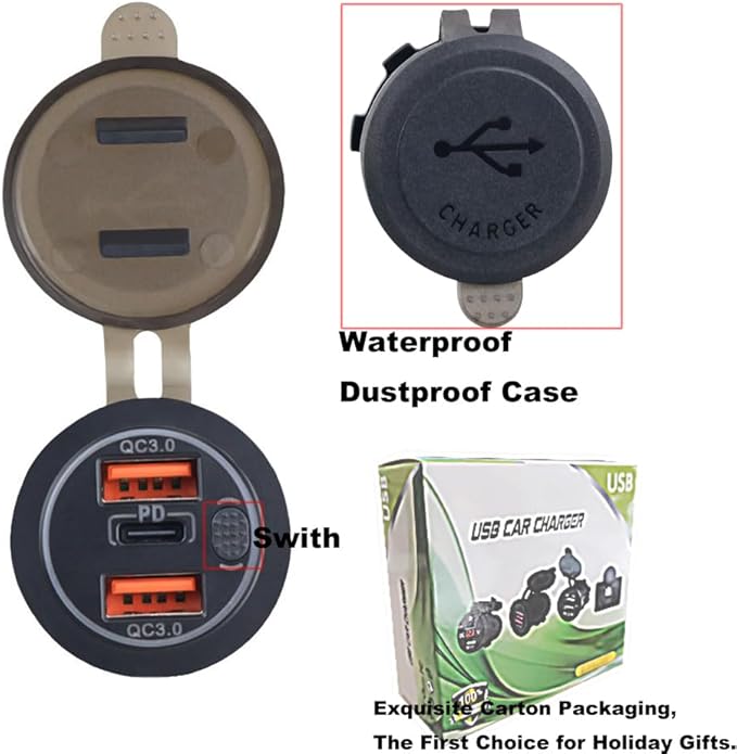 3 Ports 18W USB Car Charger with Switch, 12-24V Dual QC 3.0 USB & PD USB C Cigarette Lighter Socket Outlet, Dashboard Mount Quick Charge Charger for Car Truck Marine Boat, Green Light