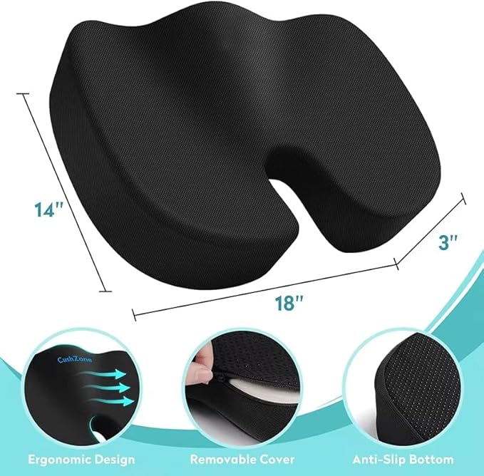 Seat Cushion – Memory Foam, Non-Slip Orthopedic Coccyx Support Pad for Office Chairs, Car Seats & Home, Ergonomic Tailbone, Sciatica & Lower Back Pain Relief