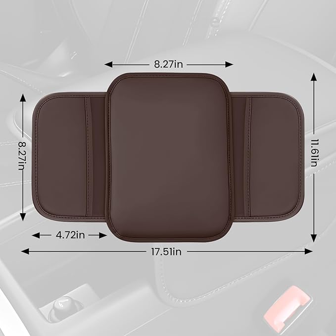 Car Center Console Cover, 11.6"×8.3" Leather Car Armrest Cushion Pad with 2 Storage Pockets, Comfortable Arm Rest Box Cover Mat for Most Vehicles, Universal Interior Accessories (Brown)