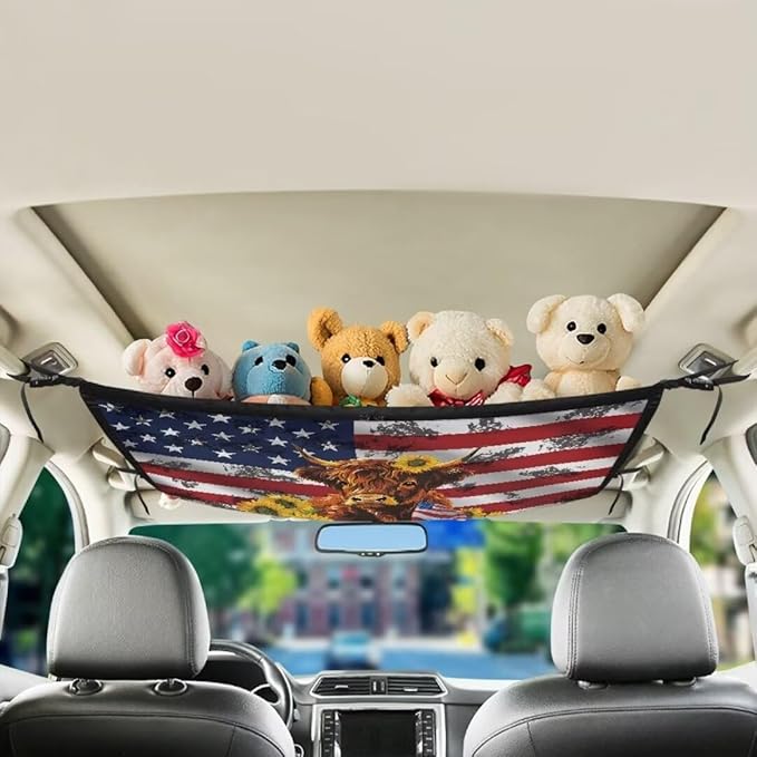 Cow USA Flag Car Roof Storage Bag Car Roof Seat Organizer Premium Car Seat Organizer One-Size-Fits Car Travel Accessories