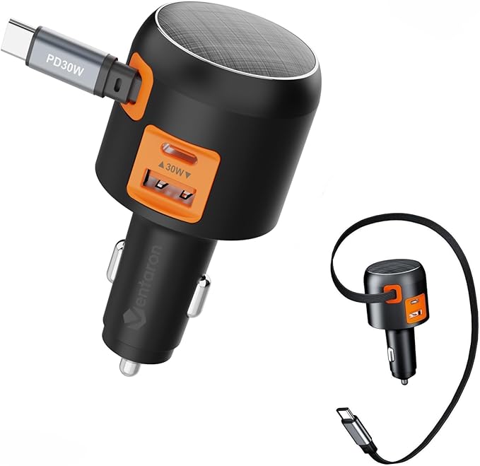 60W Retractable Car Charger, 3-in-1 USB-C Fast Charging Cigarette Lighter Adapter with Built-in Retractable Cable, Compatible with iPhone 16/15 Pro Max, Galaxy S25, iPad – Orange