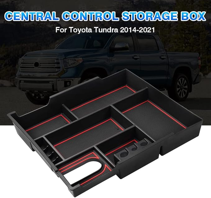 Autorder Center Console Organizer for 2014-2021 Toyota Tundra Accessories Armrest Storage Box Secondary Insert Full Tray with Red/Blue/Black Silicone Pads