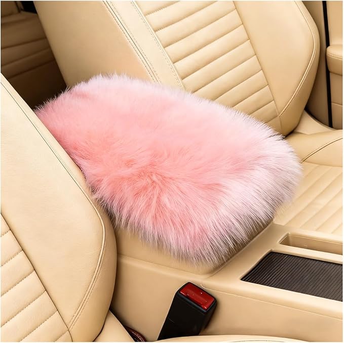 Car Center Console Cover, Fluffy Soft Vehicle Middle Console Arm Rest Cushion Pad, Furry Automotive Interior Armrest Seat Box Protector Decoration Accessories, Universal Fit (Light Pink)