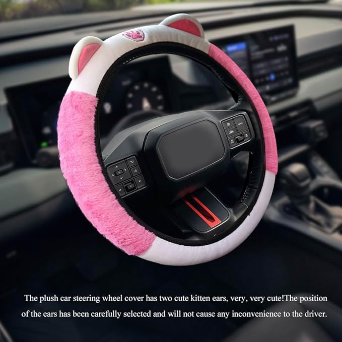 Car Steering Wheel Cover, 15 Inch Fluffy Soft Plush Auto Protector, Anti-Slip Elastic Lovely Car Cover Accessories with Kitty Cat Ears Universal for Most Vehicles (Fluffy-White+Rose Pink)
