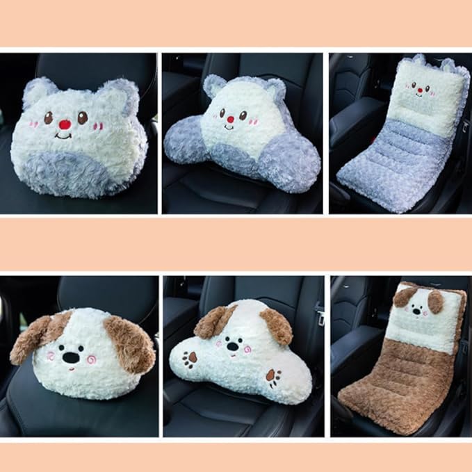 Plush Car Seat Cushion Set with Lumbar Support & Neck Pillow Cute Dog and Bear Shape Pillow for Driving Travelling Home Décor
