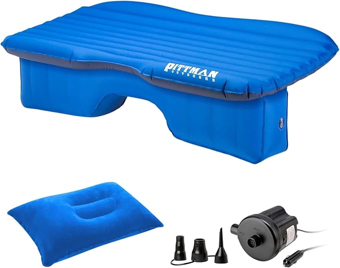 Pittman Outdoors Backseat Bed Air Mattress – 60” Rear Seat Air Mattress for Trucks, Vans & Large SUV – Includes Pump, Pillow & Storage Bag – Inflatable Back Seat Air Mattress – Blue