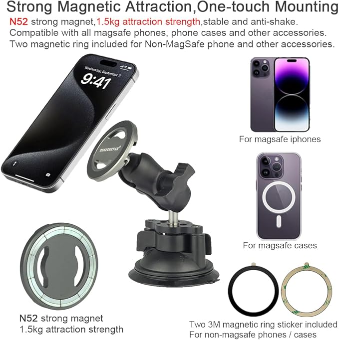 Magnetic Phone Holder Mount with 20mm (0.787 inches) Ball Compatible with Magsafe iPhone 16 15 14 13 Pro Max Ipad Pro Magsafe Ball Mount Phone Holder Adapter for Car