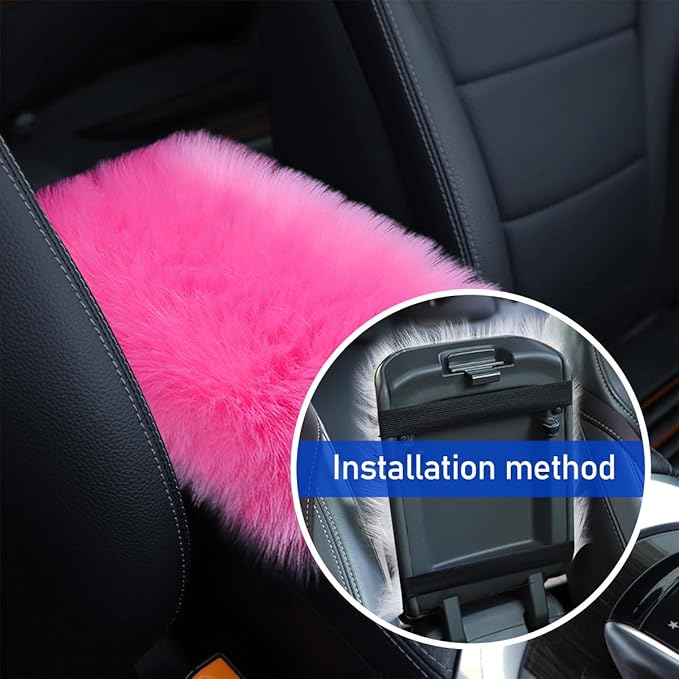 Furry Car Center Console Cover, 11.8"×7.9" Sheepskin Wool Armrest Box Cushion Pad, Comfort Soft Auto Center Console Protector, Interior Decor Accessories for Most Vehicles (Dark Pink)