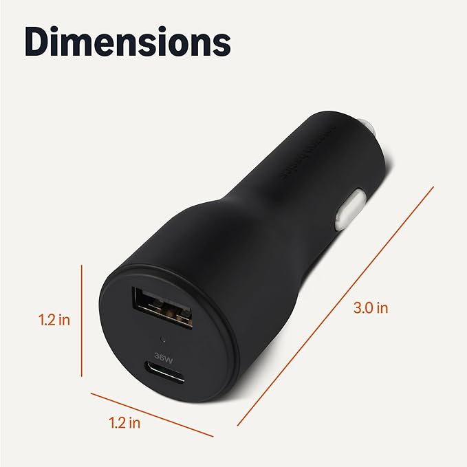 Amazon Basics Fast-Charging Car Charger, Dual-Port, 1 USB-C + 1 USB-A, 48W, Black