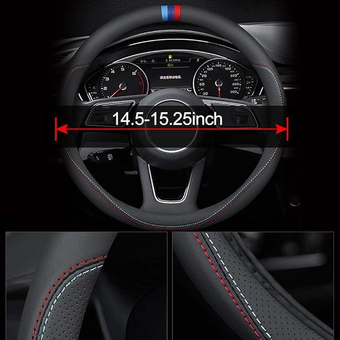 Carodi Latest Nappa Leather car Steering Wheel Cover, Stylish Non-Slip Leather car Interior 15 inches Universal Black(red and Blue Signs)