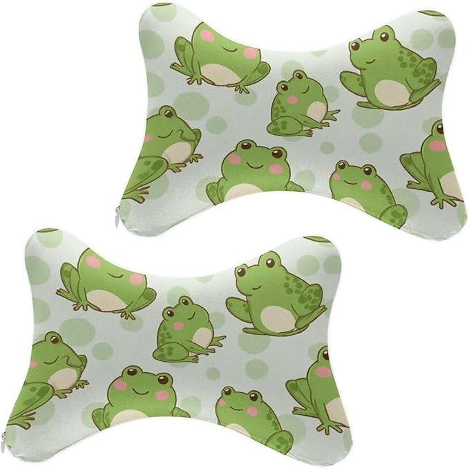 Car Pillow for Neck Pain Relief Support, Compatible with Cute Sitting Frog Memory Foam Car Neck Pillow for Car Seat with Adjustable Strap, 2 Pcs Car Headrest Pillow for Ergonomic Design