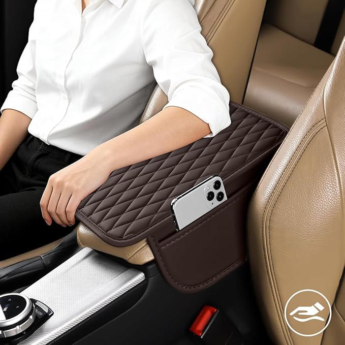 Car Armrest Cushion Pad, Leather Vehicle Center Console Cover with 2 Storage Bags, Non-Slip Automotive Interior Arm Rest Seat Box Cover Accessories, Universal for SUV RV Sedan (Coffee)