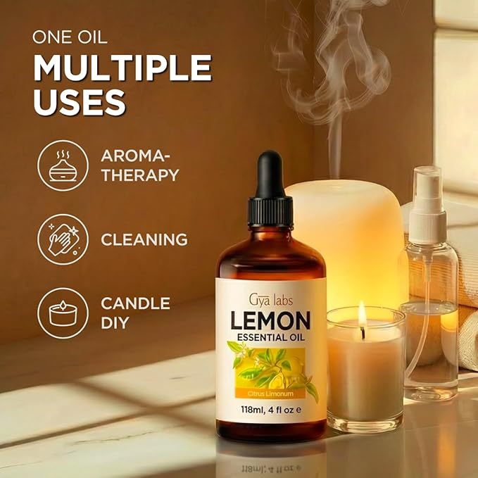 100% Pure Lemon Essential Oil - 4 Fl Oz - Lemon Oil for Hair, Skin, Diffuser, Aromatherapy & DIY Candle Making Scent