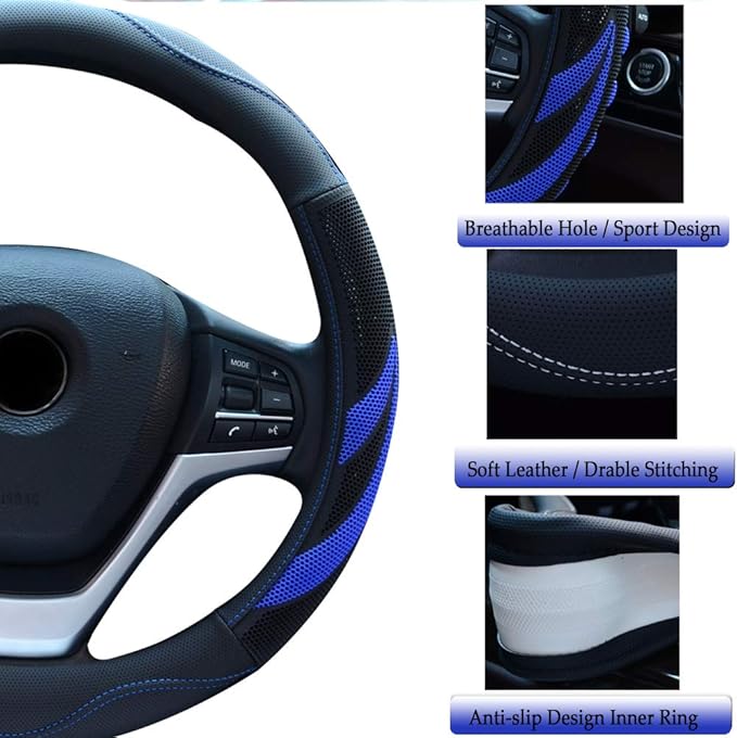 Alusbell Microfiber Leather Steering Wheel Cover Breathable Auto Car Steering Wheel Cover for Men and Women Universal 15 Inches (Blue)