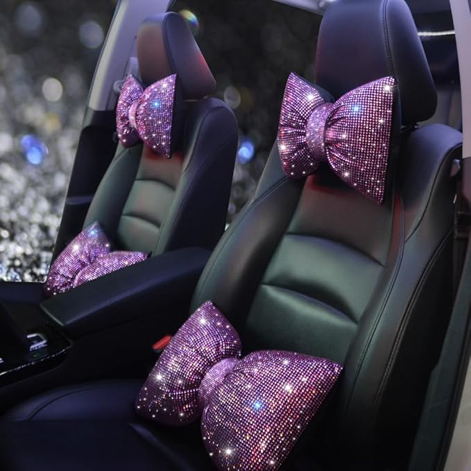 Car Pillow Headrest Auto Seat Headrest Cushion with Bow Tie Sparkly Bling Bling Rhinestone Accessories for Women Girls and Ladies Travel Comfort Head and Neck Rest Pink 2Pcs