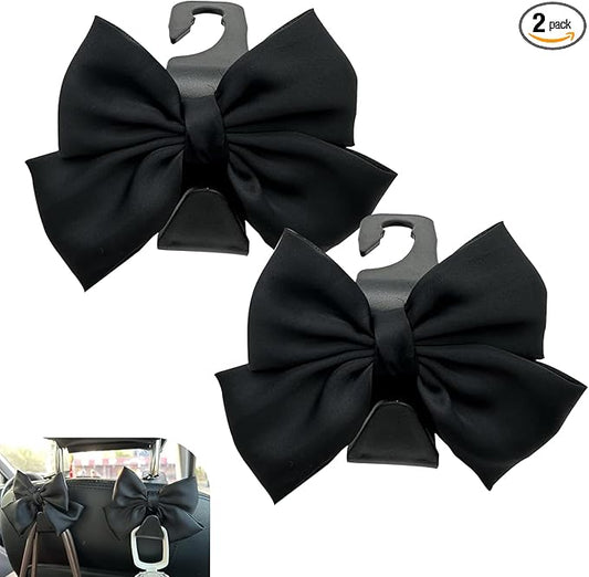 2 Pack Car Seat Headrest Hooks, Cute Bow Design Backseat Hook Storage Organizer for Purses, Handbags, Coats, Umbrellas, Cute Car Accessories for Women and Girls (Black)