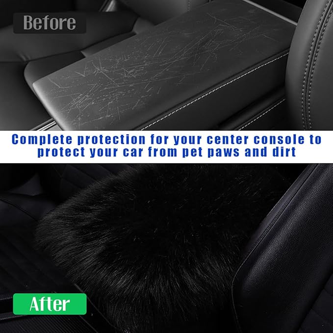 Furry Car Center Console Cover, 11.8"×7.9" Sheepskin Wool Armrest Box Cushion Pad, Comfort Soft Auto Center Console Protector, Interior Decor Accessories for Most Vehicles (Black)