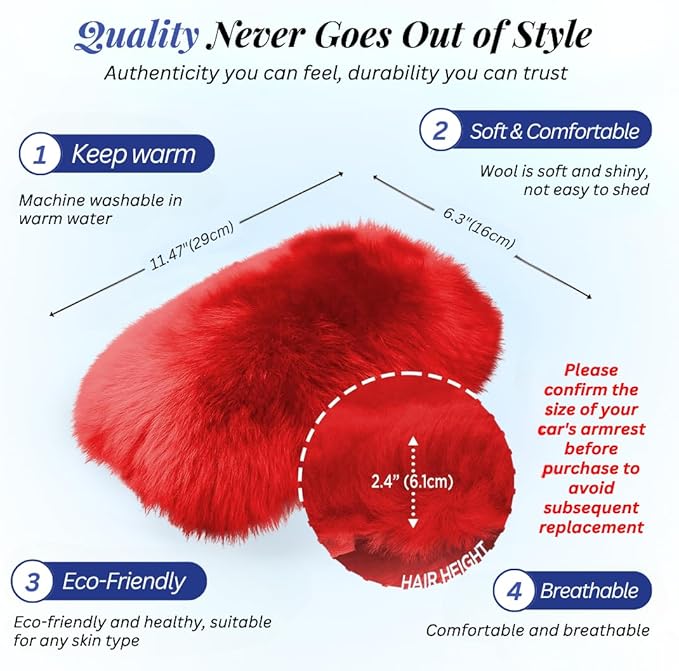 Andalus Brands Pure Australian Sheepskin Fluffy Car Center Console Cover, Luxurious Non-Shedding Furry Arm Rest Cover for Car, Versatile for All Seasons, Red - (11.47" X 6.3")