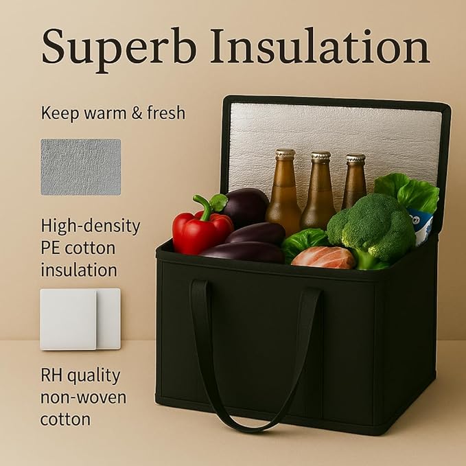 musbus 2Pk Insulated Reusable Grocery Bags, Collapsible Cooler Bag for Groceries, Heavy Duty Large Insulated Bag (Large, Charcoal Black)