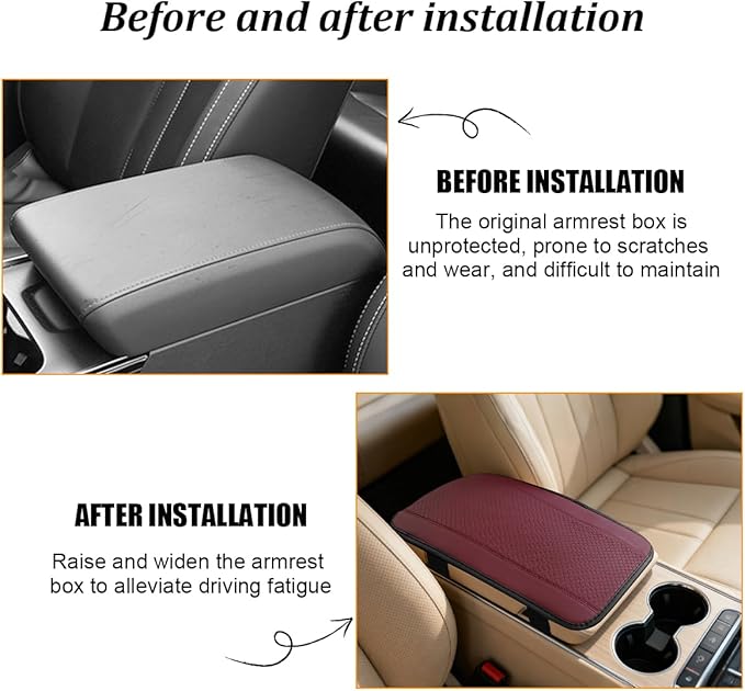 Car Center Console Cover, PU Leather Vehicle Armrest Seat Box Cover Protector, Comfortable Automotive Interior Arm Rest Cushion Pad Accessories, Universal for SUV Sedan Truck (Wine Red)